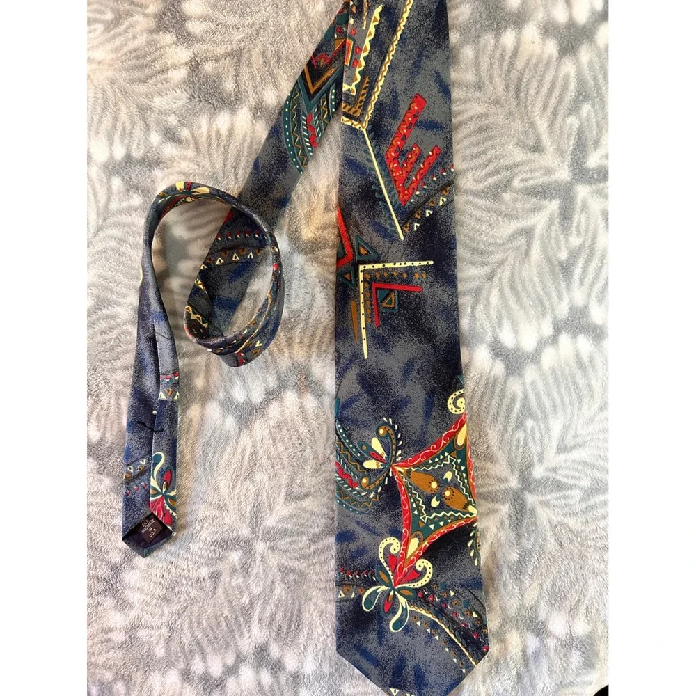 Garrison Silk Tie Mens Blue Red Gold Geometric Southwestern Floral Handmade‎ USA